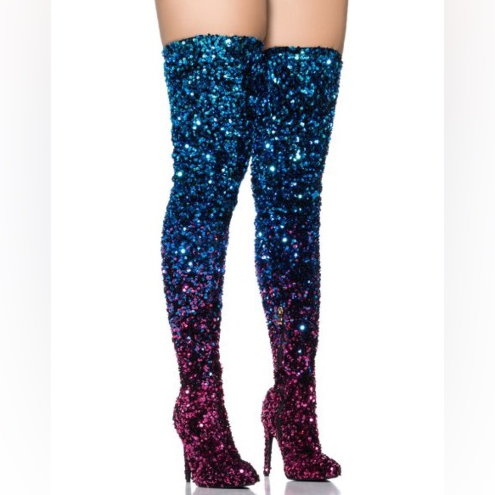 Azalea Wang Purple & Blue Sequin Thigh High Boots